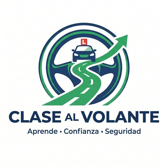 Logo de Clase al Volante: un volante con un carro de escuela y una carretera que se convierte en flecha verde